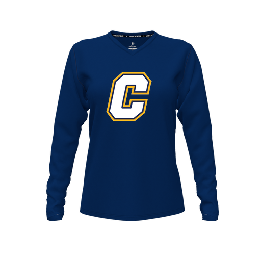 [CUS-DFW-TEES-CMF-VNK-LSL-NVY-FYXS-LOGO2] Decker Comfort T-Shirt (Female Youth XS, Navy, V Neck, Logo 2, Long Sleeve)