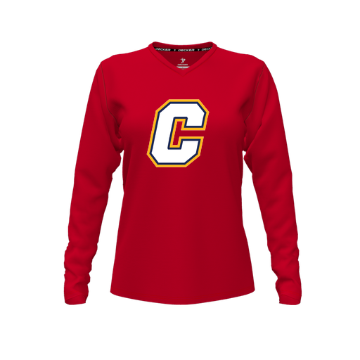 [FTLVPTRD-FYXS-LOGO2] Decker Performance T-Shirt (Female Youth XS, Red, V Neck, Logo 2, Long Sleeve)