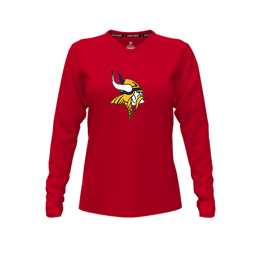 [CUS-DFW-TEES-PER-VNK-LSL-RED-FYXS-LOGO3] Decker Performance T-Shirt (Female Youth XS, Red, V Neck, Logo 3, Long Sleeve)
